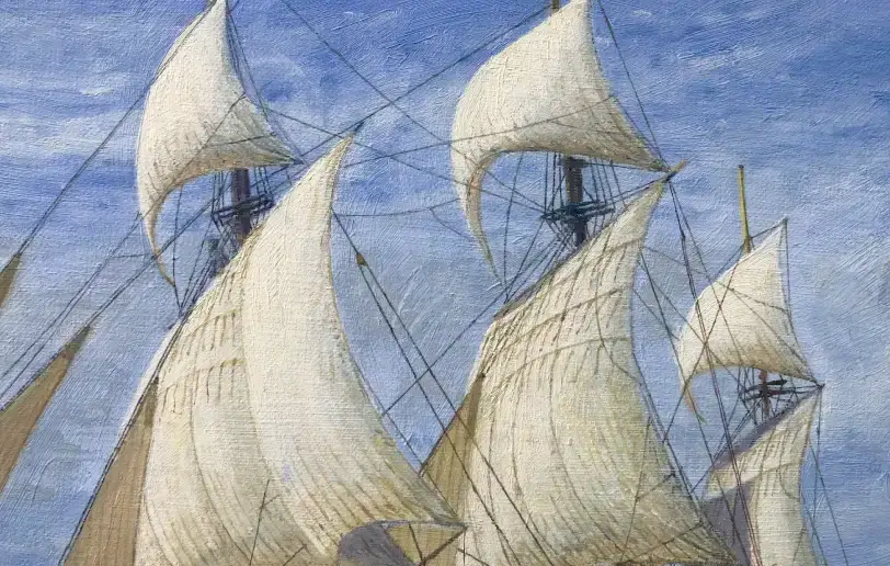 Close up of the ship's intricate rigging and billowing white canvas square sails catching the wind.