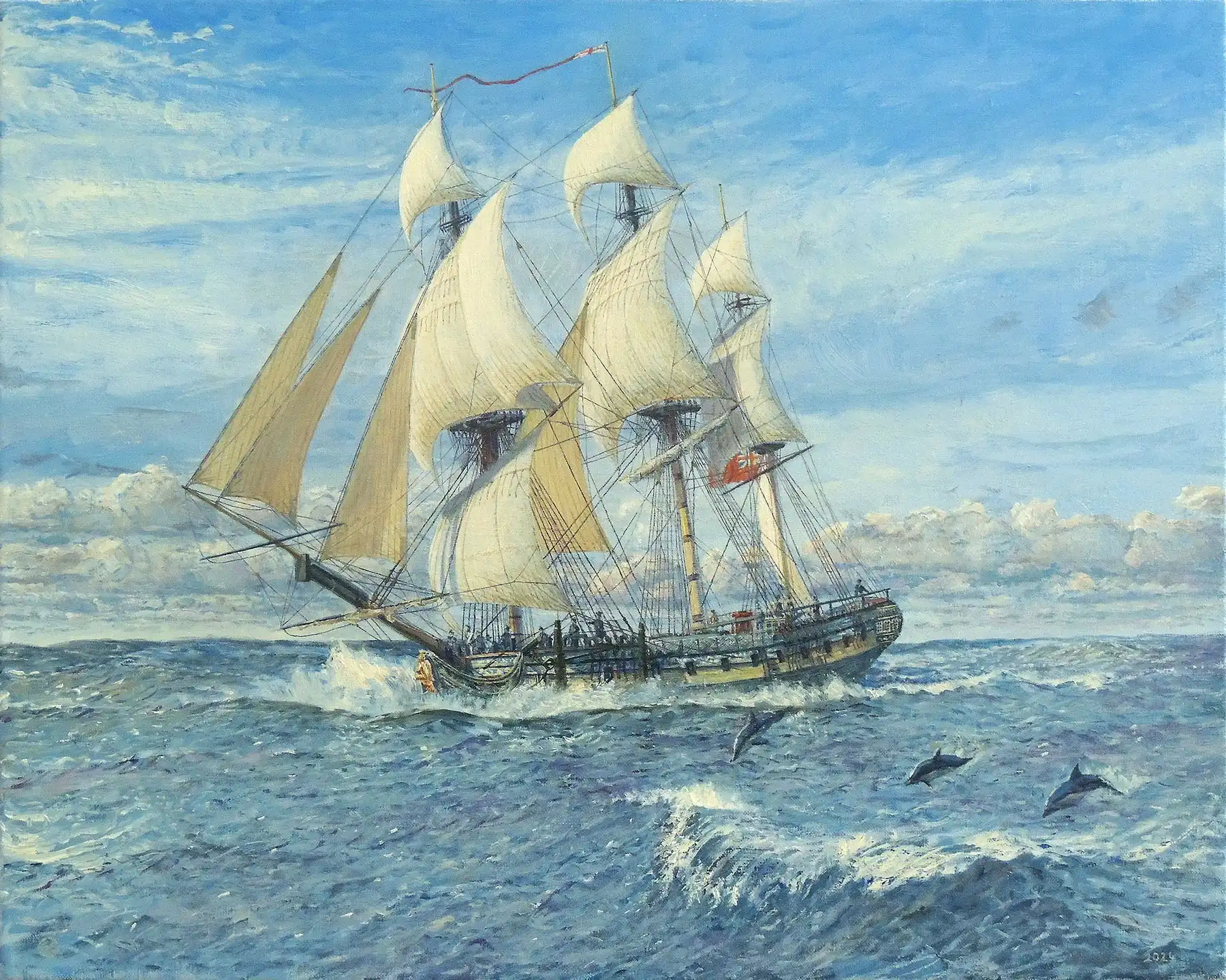 Oil painting of the 20-gun Sixth-Rate HMS Sphinx sailing accompanied by a pod of leaping dolphins.