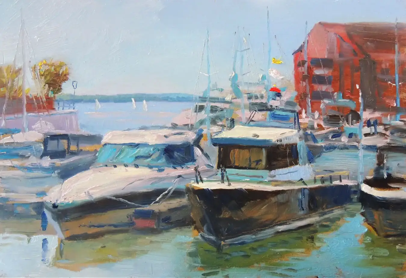 Impressionistic plein air oil painting of motorboats moored at Ocean Village in Southampton on a bright summer day.