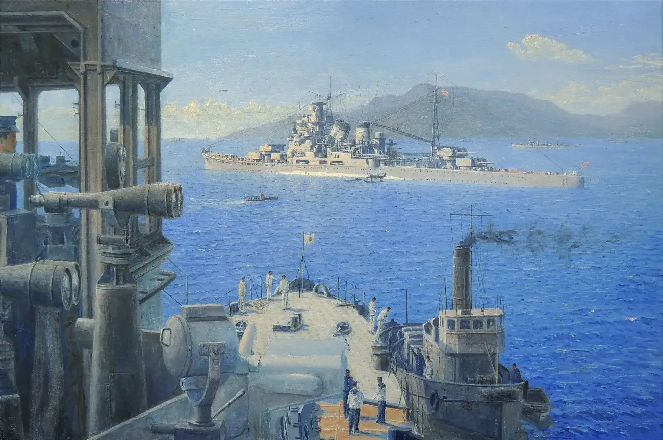 Oil painting of the Japanese heavy cruiser IJN Takao anchored in a calm blue harbor. The view is framed by the foreground deck, crew, and equipment of another warship, with large mountainous islands rising in the background.