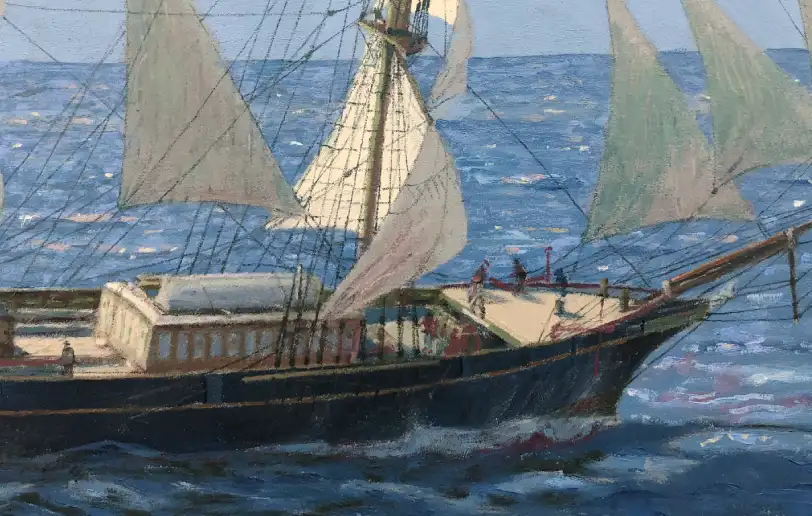 Close up of the painted ship's bow plunging through dark blue waves, highlighting the intricate rigging, bowsprit, and white deckhouses.