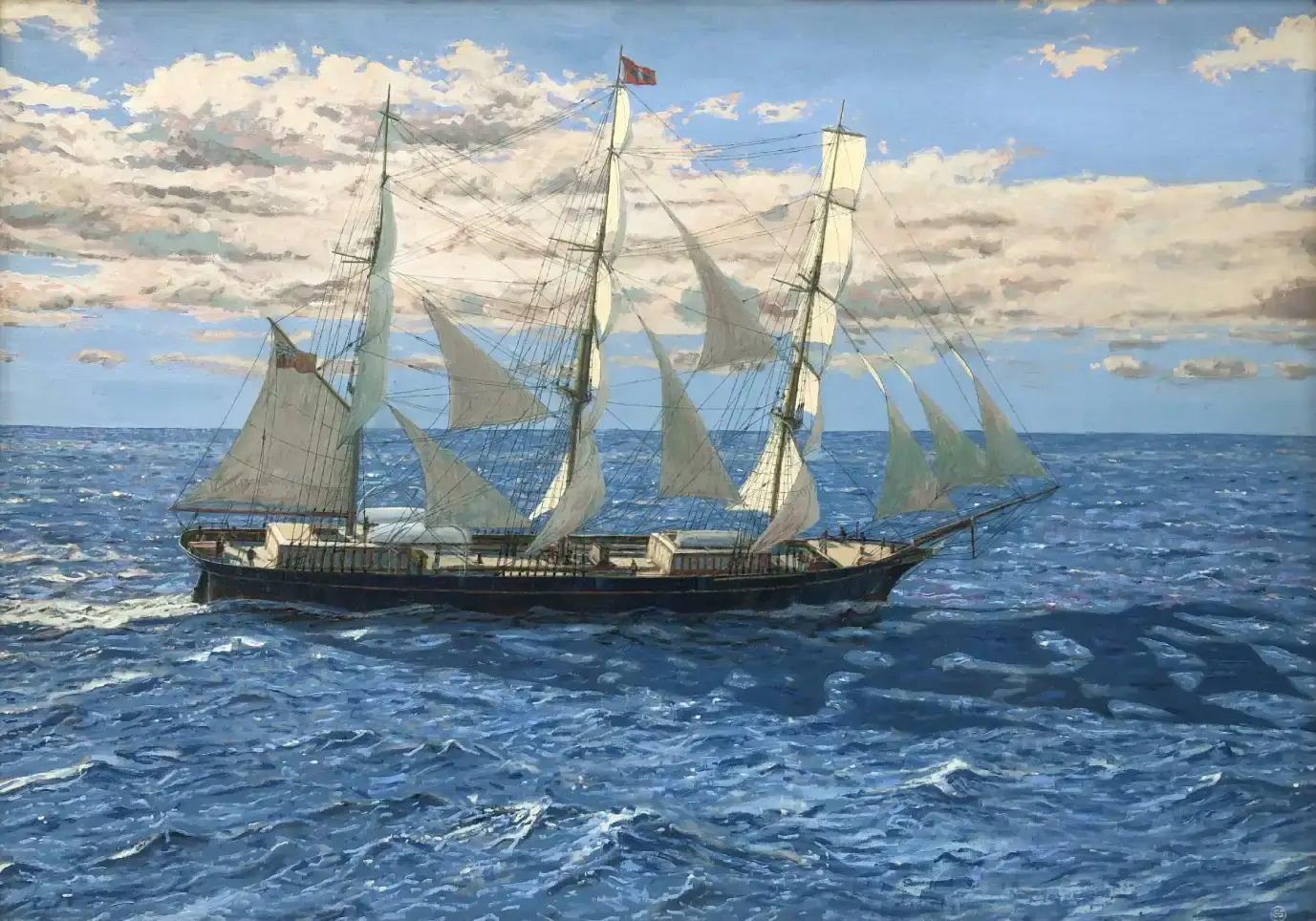 Oil painting of the three-masted clipper ship Titania sailing on bright blue choppy seas. The black hull cuts through the water under partially set white square sails, set against a bright sky with scattered fluffy clouds.