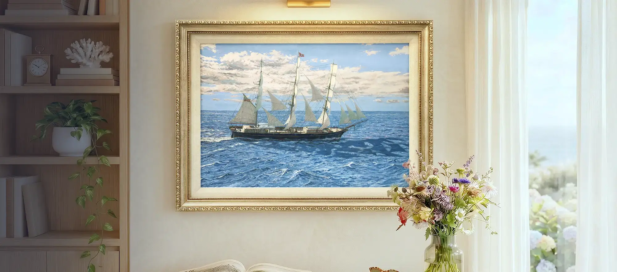 The framed painting of Titania hanging on a light beige wall above a wooden desk. A glass vase of colorful flowers sits on the desk, framed by a bookcase with trailing green plants on the left.