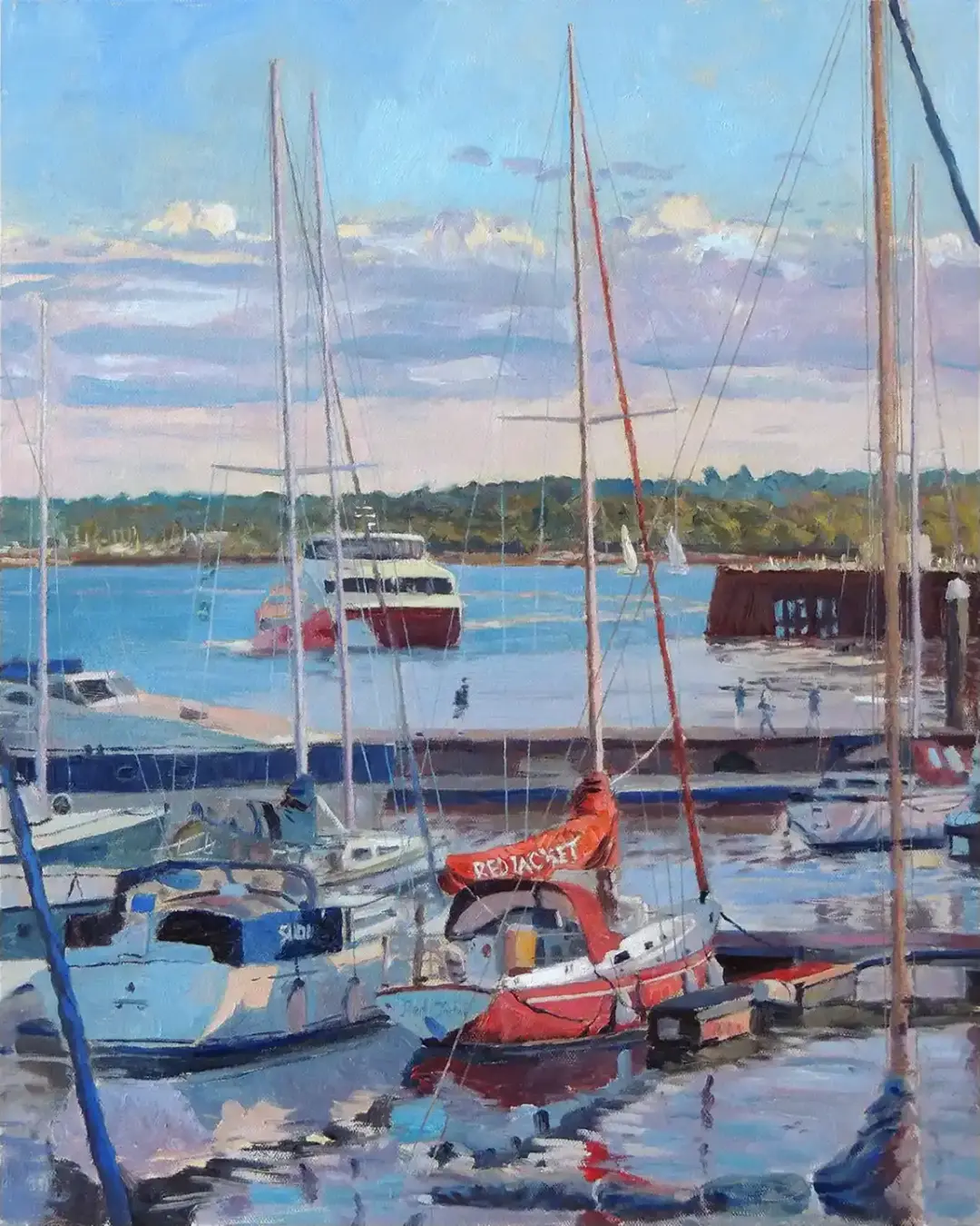 Oil painting of Town Quay marina in Southampton with a Red Jet ferry arriving in the early evening.