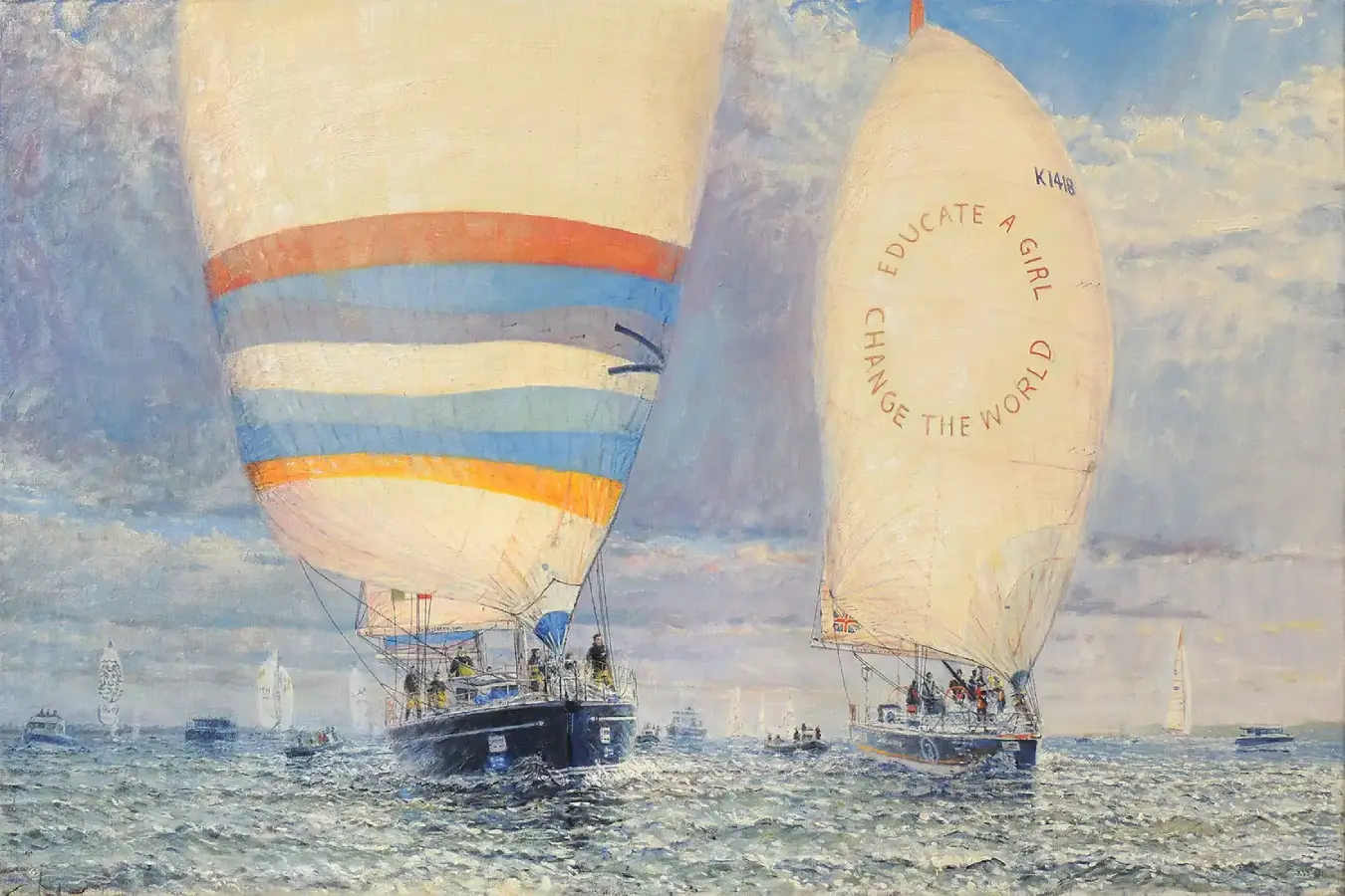 Oil painting of the yachts Translated 9 and Maiden flying their large spinnakers at the start of the 2023 Ocean Globe Race.