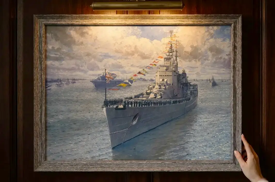 The framed painting held up against rich dark wooden wall panelling under a warm picture light.