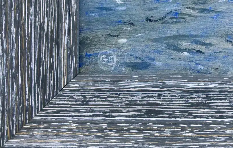 Close up of the distressed silver-grey wooden picture frame, showing the textured dark oil paint of the ocean and the artist's signature.