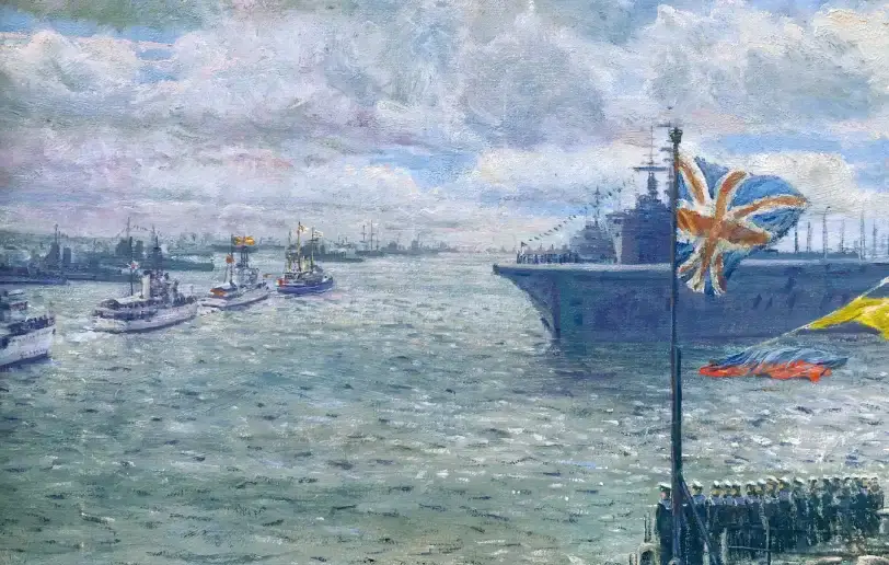 Close up of the left side of the painting showing the Royal procession, including HMS Surprise and the Italian ship Amerigo Vespucci in the distance.