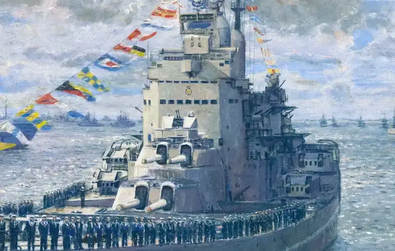Close up of the towering bridge and forward turrets of HMS Vanguard, showing sailors manning the rails and colorful signal flags catching the wind.