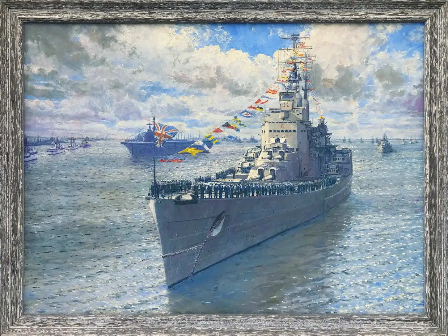 Oil painting in a distressed silver-grey frame showing the massive British battleship HMS Vanguard in the Solent. The ship is decorated with colorful signal flags, with sailors manning the rails, surrounded by other naval vessels under a blustery, cloud-filled sky.