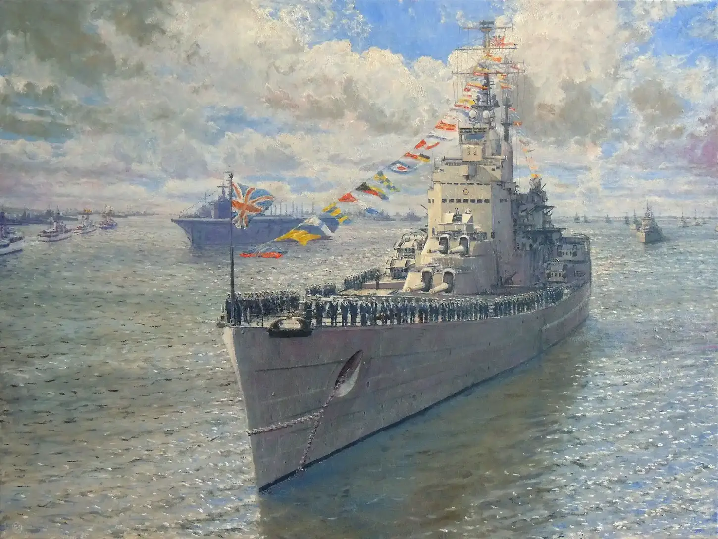 Oil painting of Britain's last battleship HMS Vanguard at the 1953 Coronation Fleet Review.