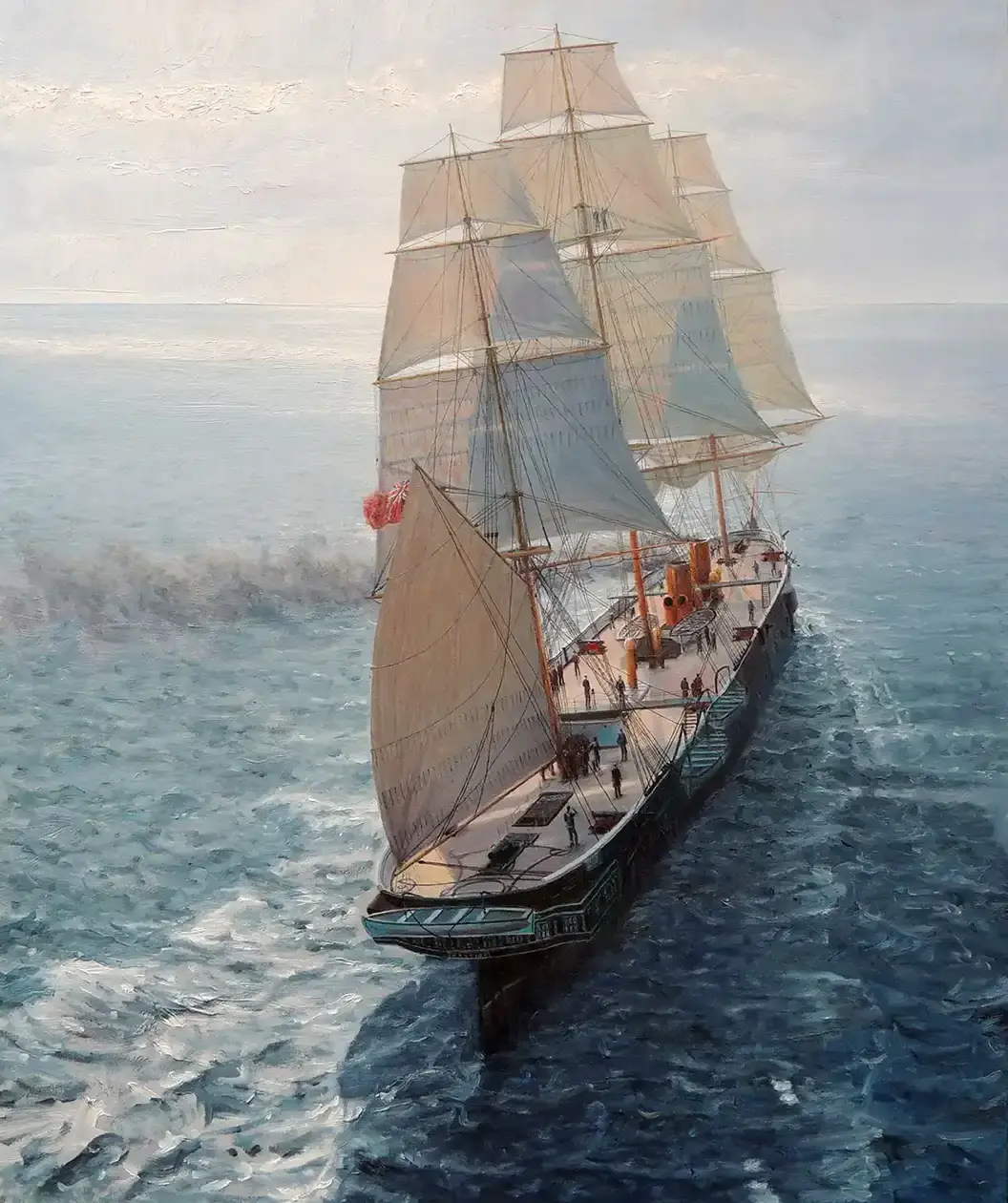 Portrait-orientation oil painting of the first iron-hulled warship HMS Warrior sailing backlit by the sun.