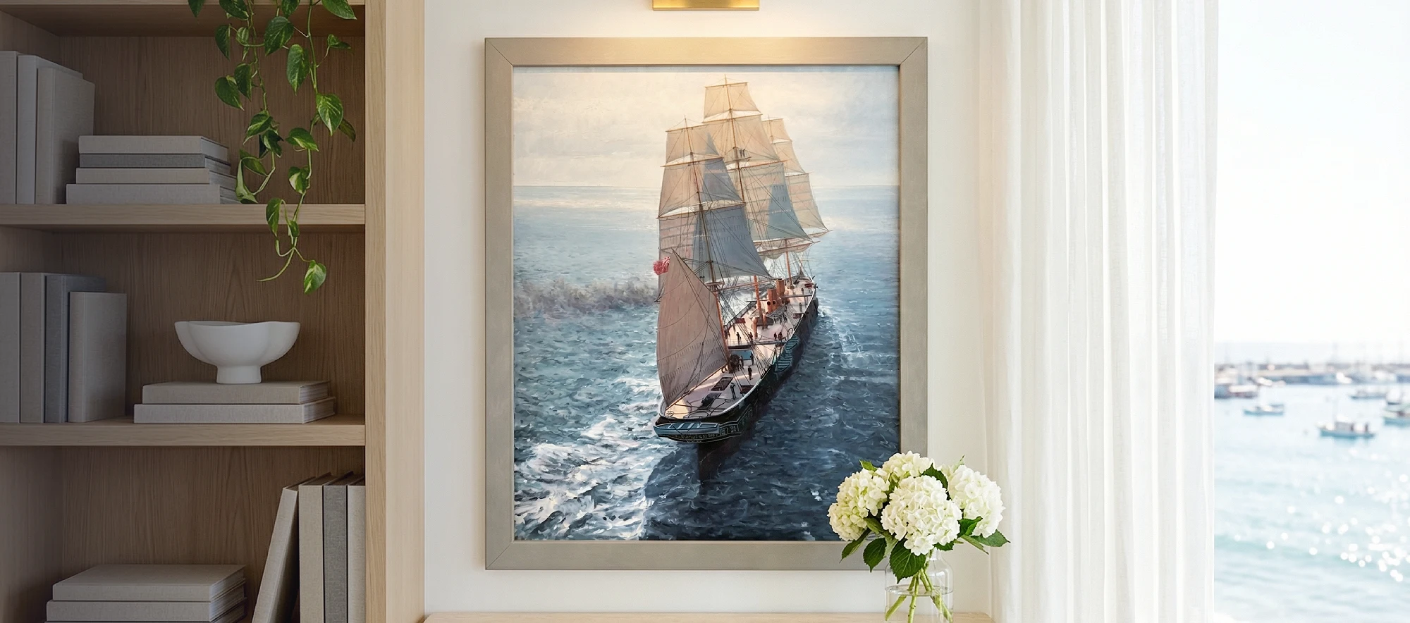 Framed portrait-orientation painting of HMS Warrior hanging on a white wall above a light wood table with white hydrangeas, flanked by a modern bookcase.