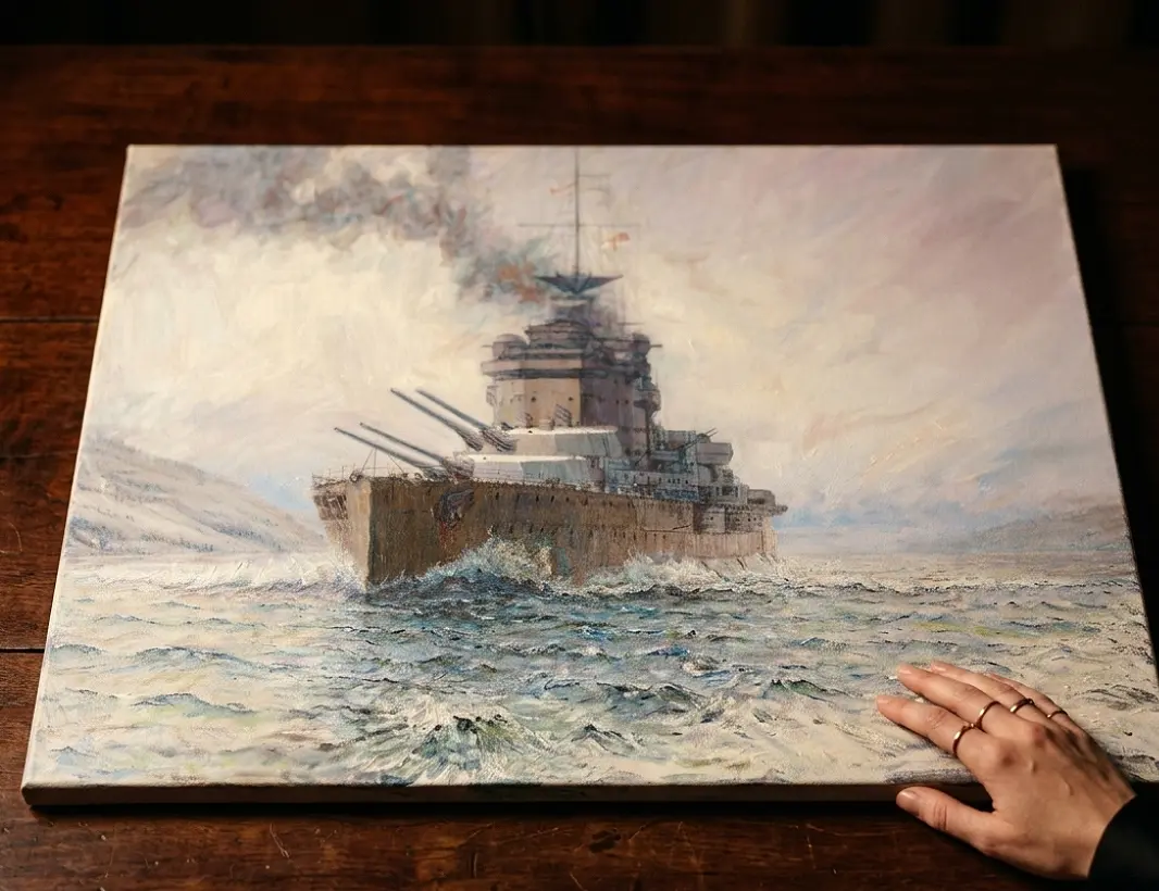 The painted canvas board held flat against a dark wooden table by a hand.