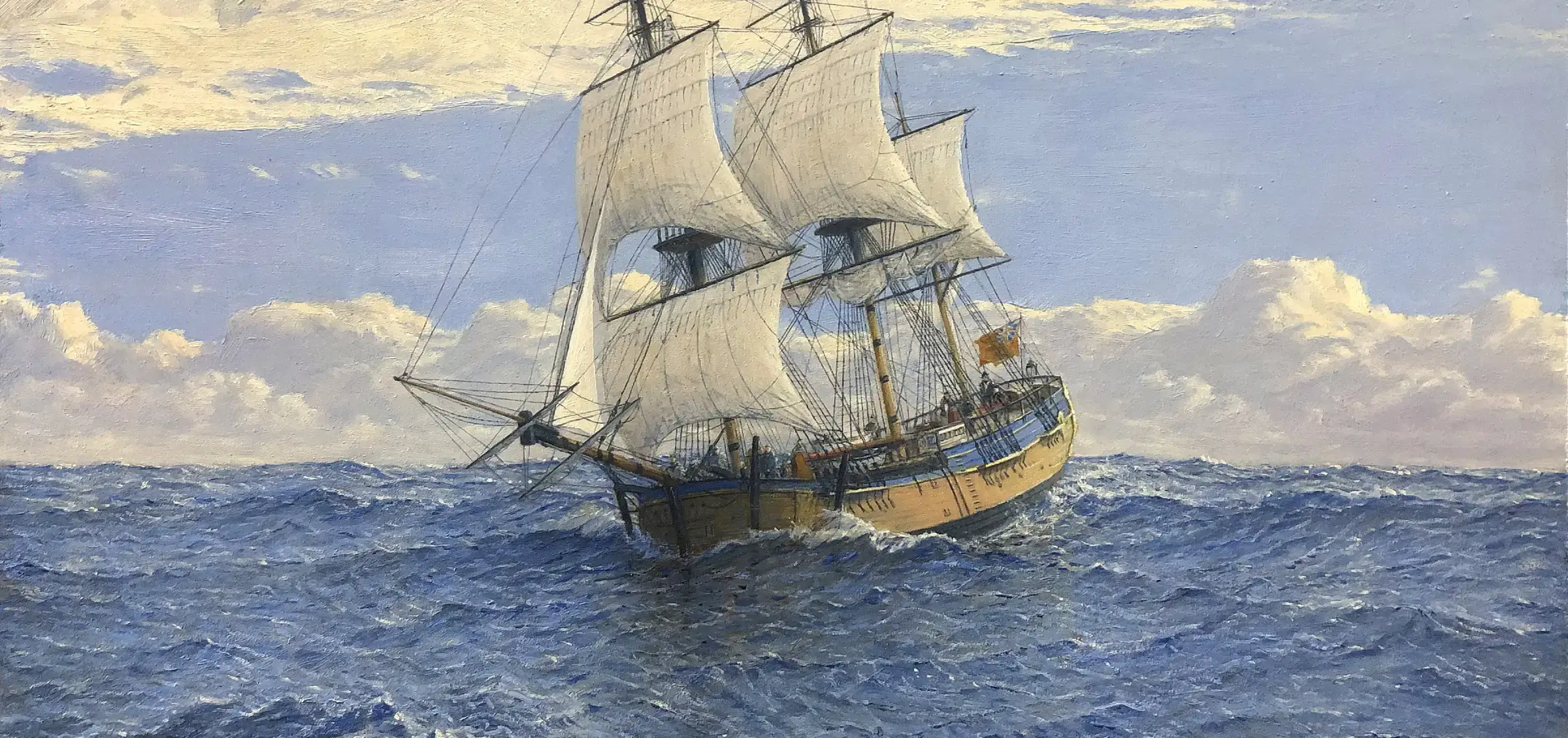 Oil painting of the historic sailing ship HM Bark Endeavour sailing on deep blue, choppy seas. The wooden vessel features billowing white square-rigged sails and flies a Red Ensign flag, set against a bright sky with low, textured clouds. — Age of Sail collection by Gregory Smith