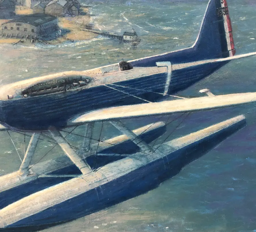 Close-up detail of an oil painting showing brushwork and surface texture on an aircraft fuselage