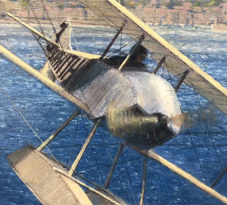 Close-up detail of oil painting surface quality showing fine aviation detail and atmospheric sky work