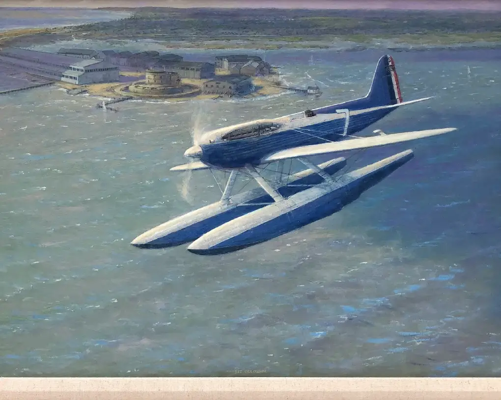 Completed oil painting of a military aircraft, framed and ready for delivery