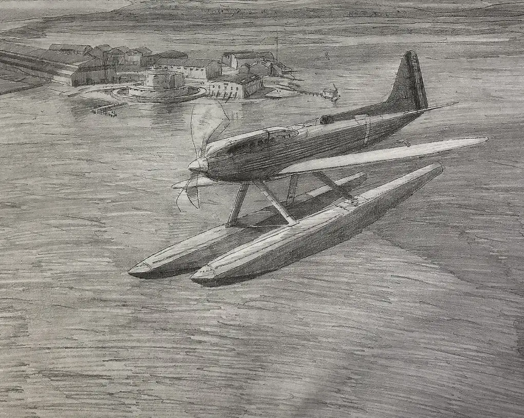Pencil sketch of a Spitfire — initial drawing stage of an aviation painting commission