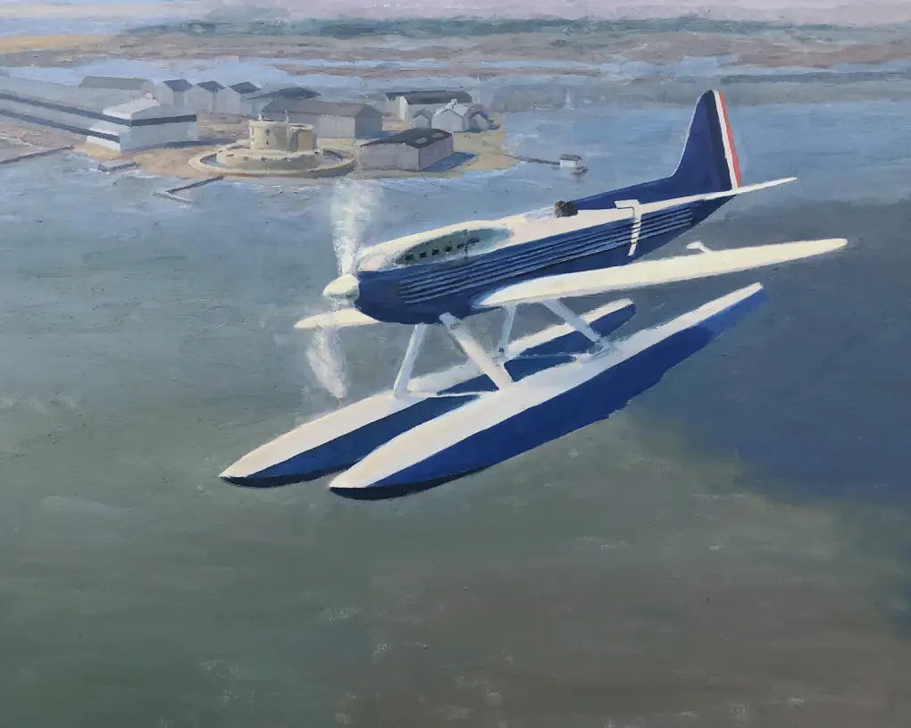 Oil painting in progress on an easel — aviation artwork being developed in the studio