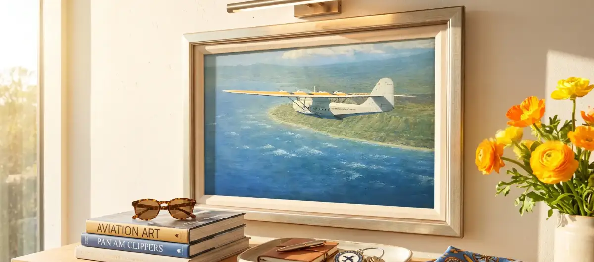 A large framed oil painting of a Spitfire displayed in a study with picture light
