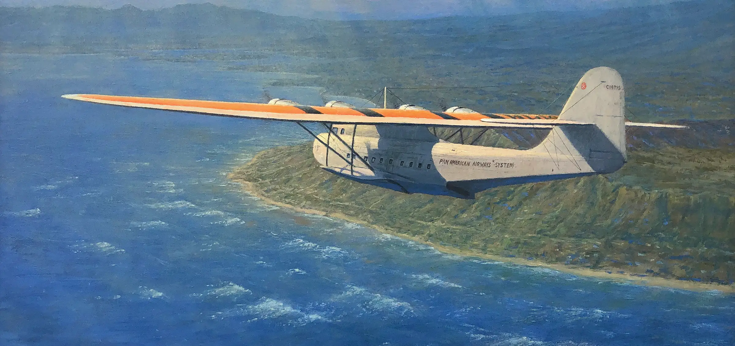 Oil painting of a classic Pan American Airways Martin M-130 flying boat descending over the blue waters and lush green coastline of Diamond Head, Honolulu - Aviation collection of oil paintings by Gregory Smith