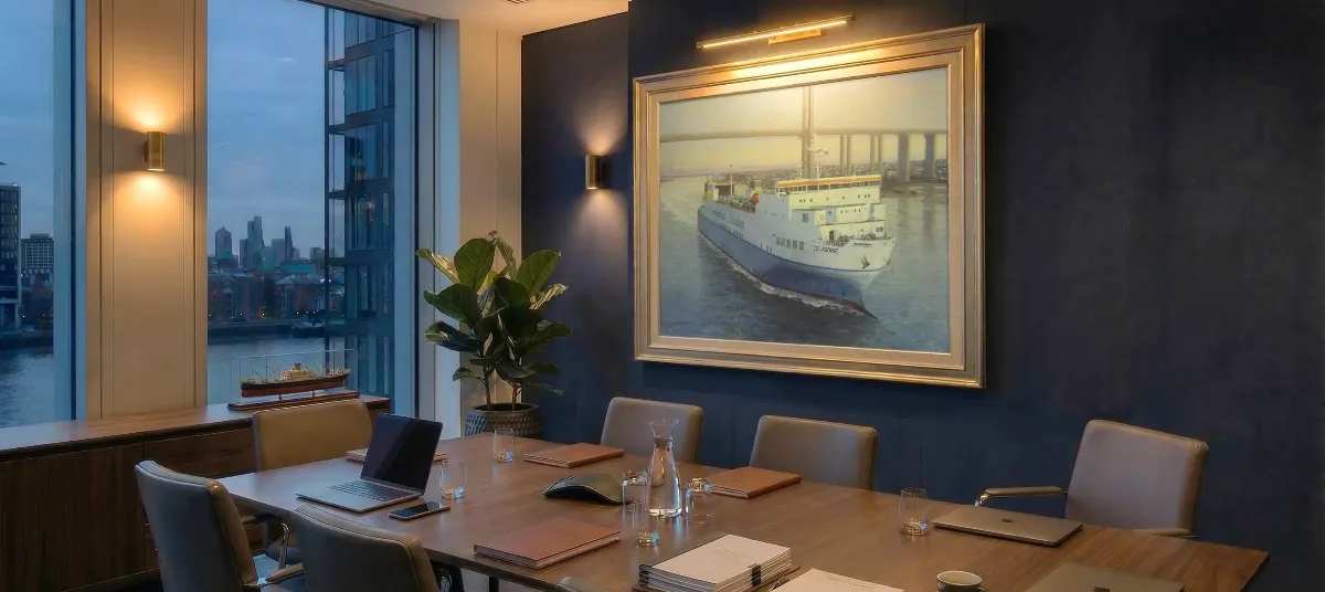 A large framed oil painting illuminated by a picture light in a modern corporate boardroom with dark blue walls. The artwork features a realistic depiction of a large white and blue ferry sailing beneath a bridge, captured in warm, golden sunlight.