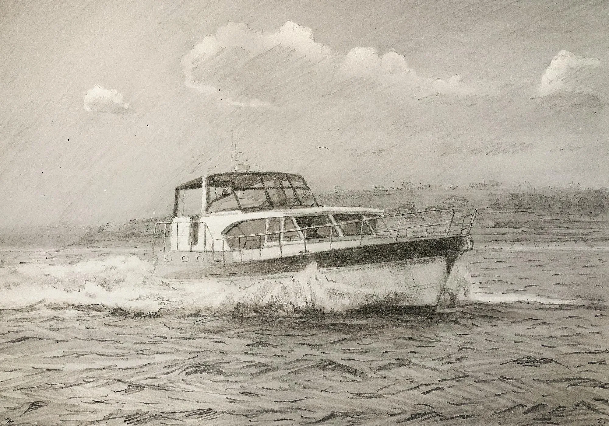 Pencil illustration of a Hardy 45 European powerboat cruising at speed. Custom yacht portrait commission: a lasting memory for owners and a professional gift for brokers.