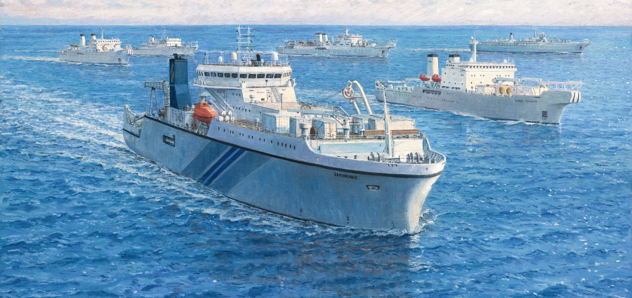 Modern marine oil painting depicting a fleet of modern white cable-laying ships sailing in formation across vibrant deep blue sea under a bright sky. — Commercial shipping collection by Gregory Smith