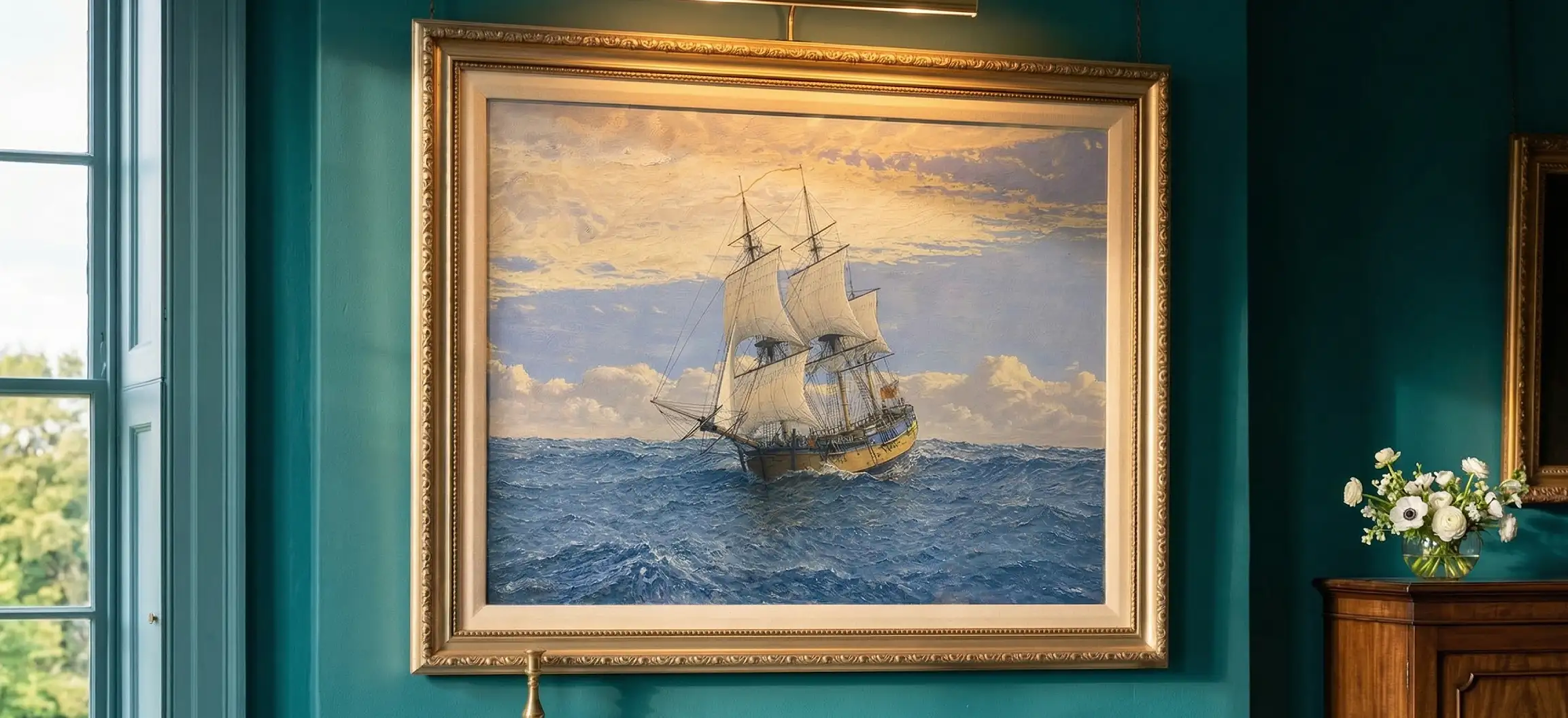 The completed private commission oil painting of HMB Endeavour, beautifully displayed in an ornate gold frame and illuminated by a brass picture light against a dark teal wall.