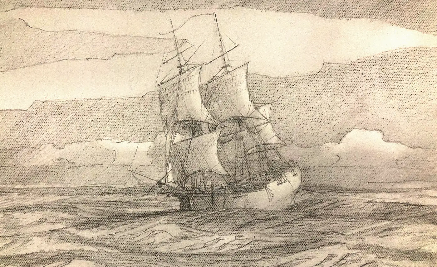 A preliminary pencil sketch on textured paper of Endeavour, showing the artist's initial planning for the composition, waves, and cloudy sky.