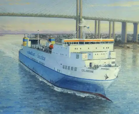 Detail of a commissioned oil painting of a commercial cargo ship