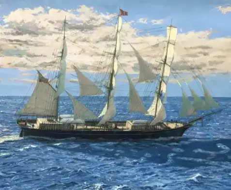 Detail of a commissioned oil painting of a historic sailing ship
