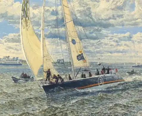 Detail of a commissioned oil painting of a racing yacht