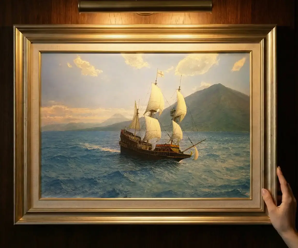 A close-up of a person's hand adjusting a gold-framed oil painting on a dark wood-paneled wall. The artwork, illuminated by a picture light, depicts a historical multi-masted sailing ship navigating choppy blue waters with green mountains in the distance.