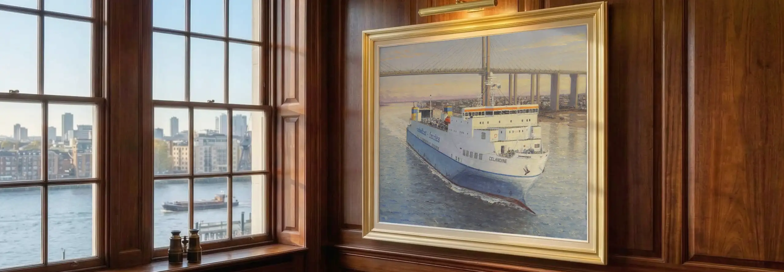 A large, framed oil painting of a white and blue commercial ferry named 'Celandine' sailing beneath the QE2 bridge. The artwork hangs on elegant dark wood-paneled walls in a corporate office, next to a window overlooking a river, with a pair of binoculars resting on the sill.
