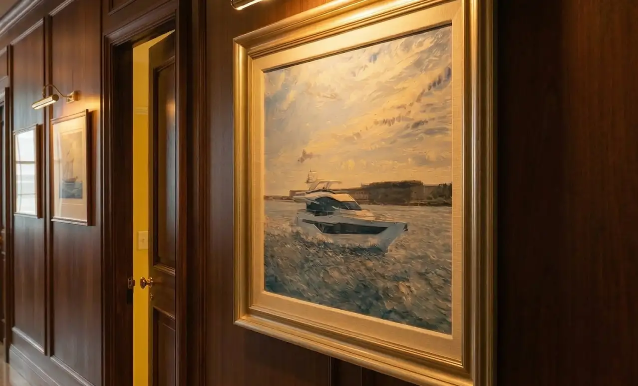 A framed oil painting of a Galeon 800 Fly modern luxury motor yacht cruising through choppy waters under a warm, cloudy golden sky. The painting is illuminated by a brass picture light and displayed on rich wood-paneled walls in an upscale hallway.