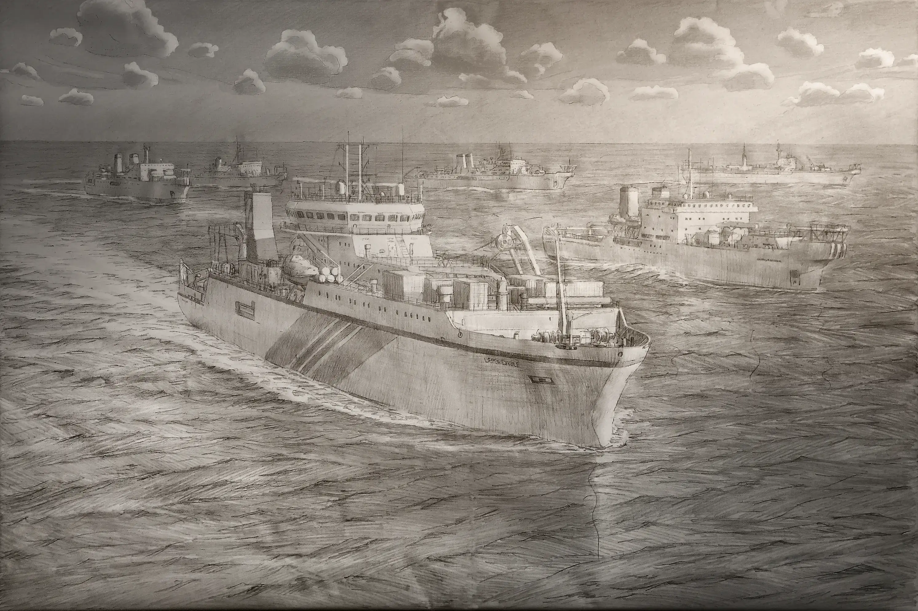 A wide, highly detailed pencil sketch of a fleet of modern industrial and research vessels navigating the ocean. The sketch illustrates the complex compositional planning phase for a large-scale corporate commission.