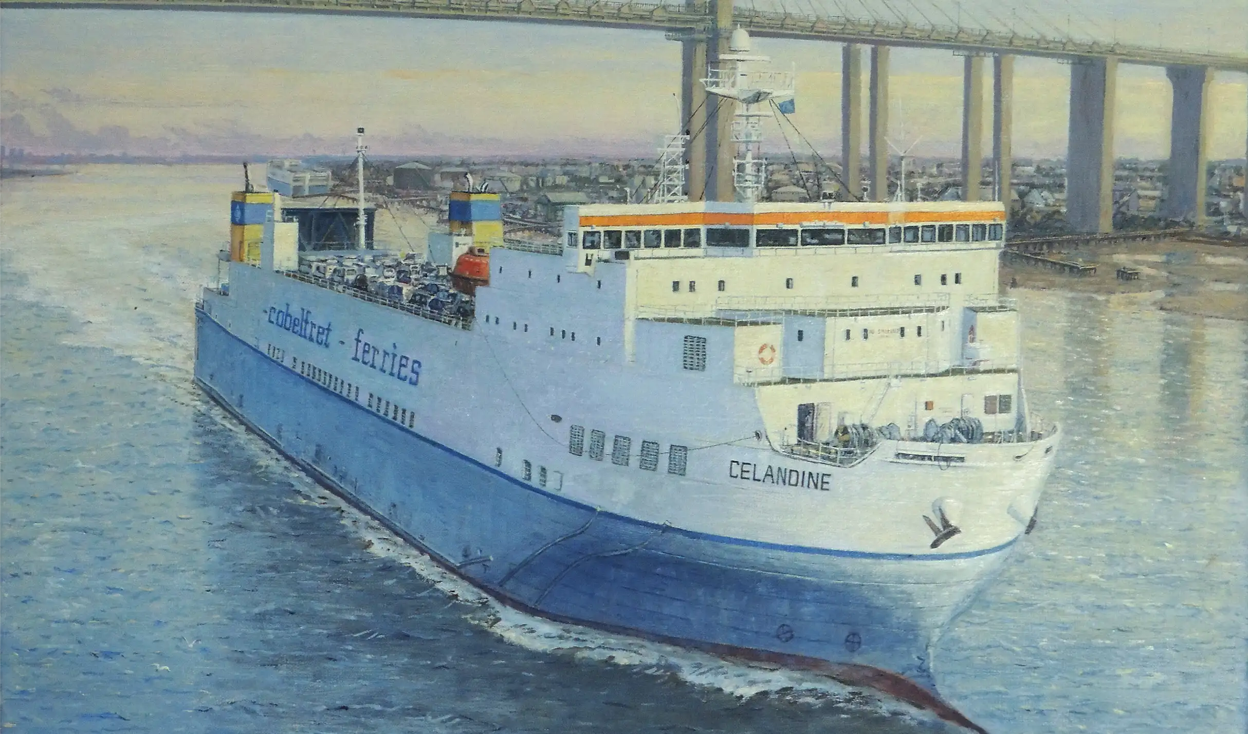Finished portrait of the ship Celanding passing under the Queen Elizabeth 2 bridge in oils