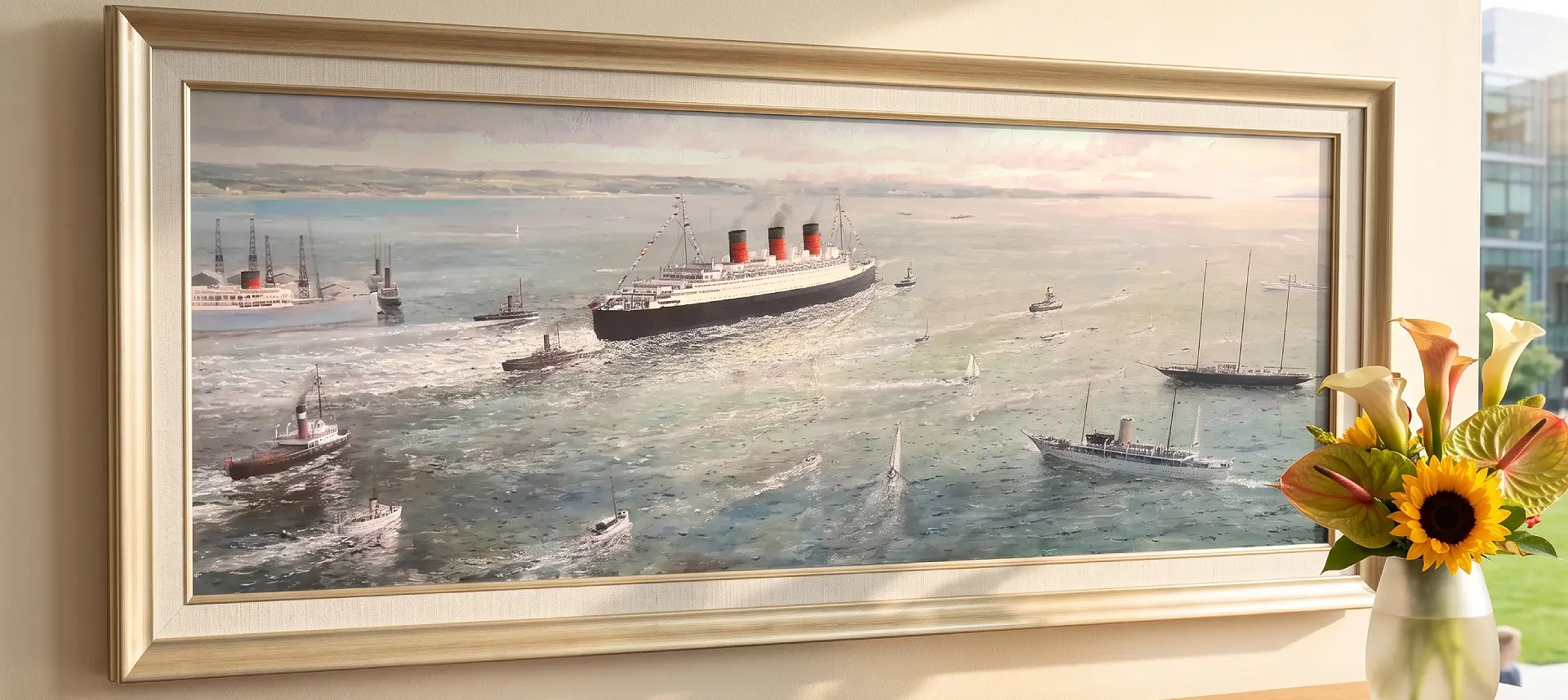 Panoramic framed oil painting of RMS Queen Mary on her maiden voyage surrounded by tugboats and spectator vessels, displayed on a warm neutral wall beside a vase of tropical flowers. Premium corporate gift and office decor for shipping executives.