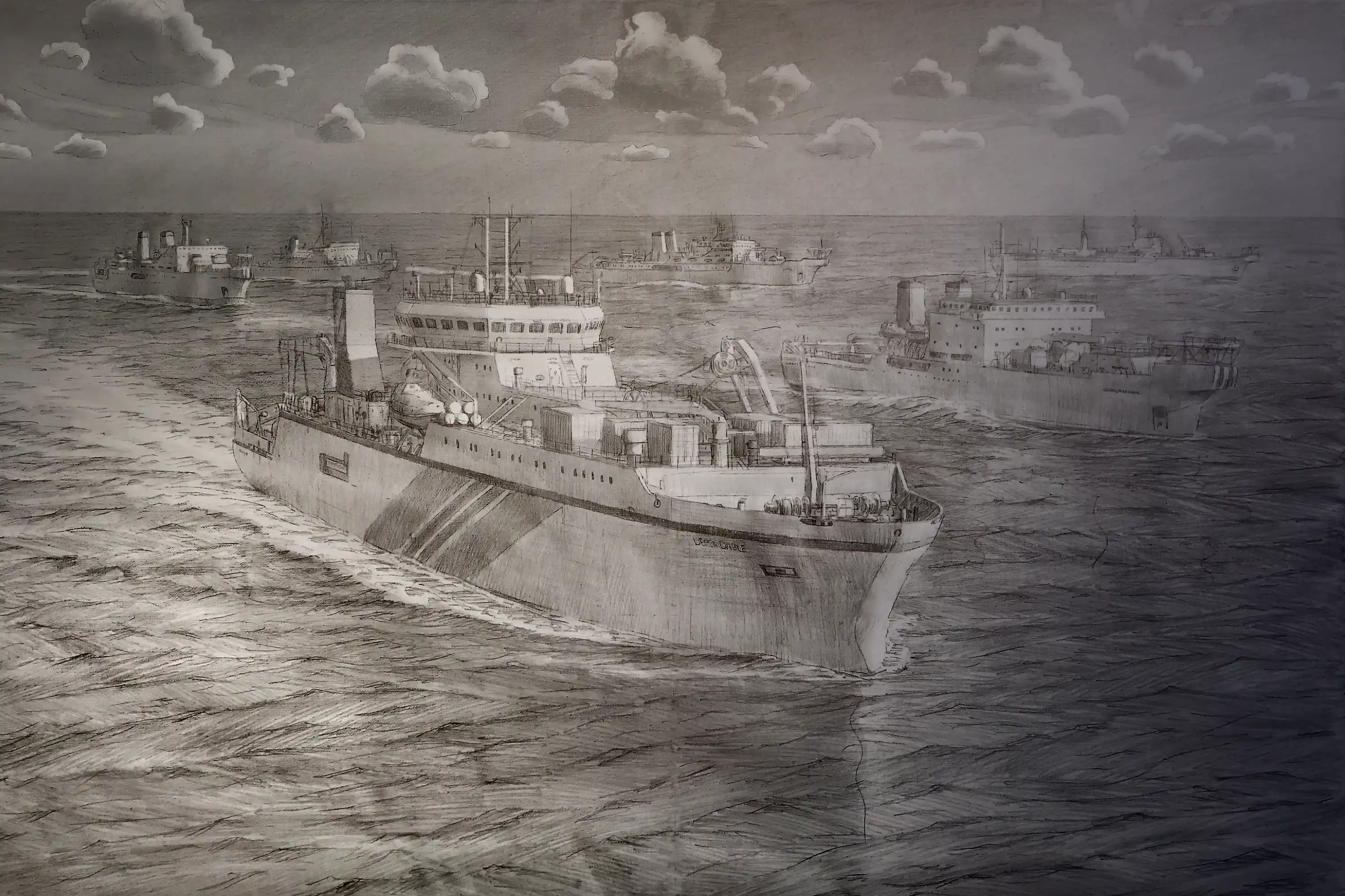 A wide, highly detailed pencil sketch of a fleet of modern SubCom cable laying vessels navigating the ocean. The sketch illustrates the complex compositional planning phase for a large-scale corporate commission.