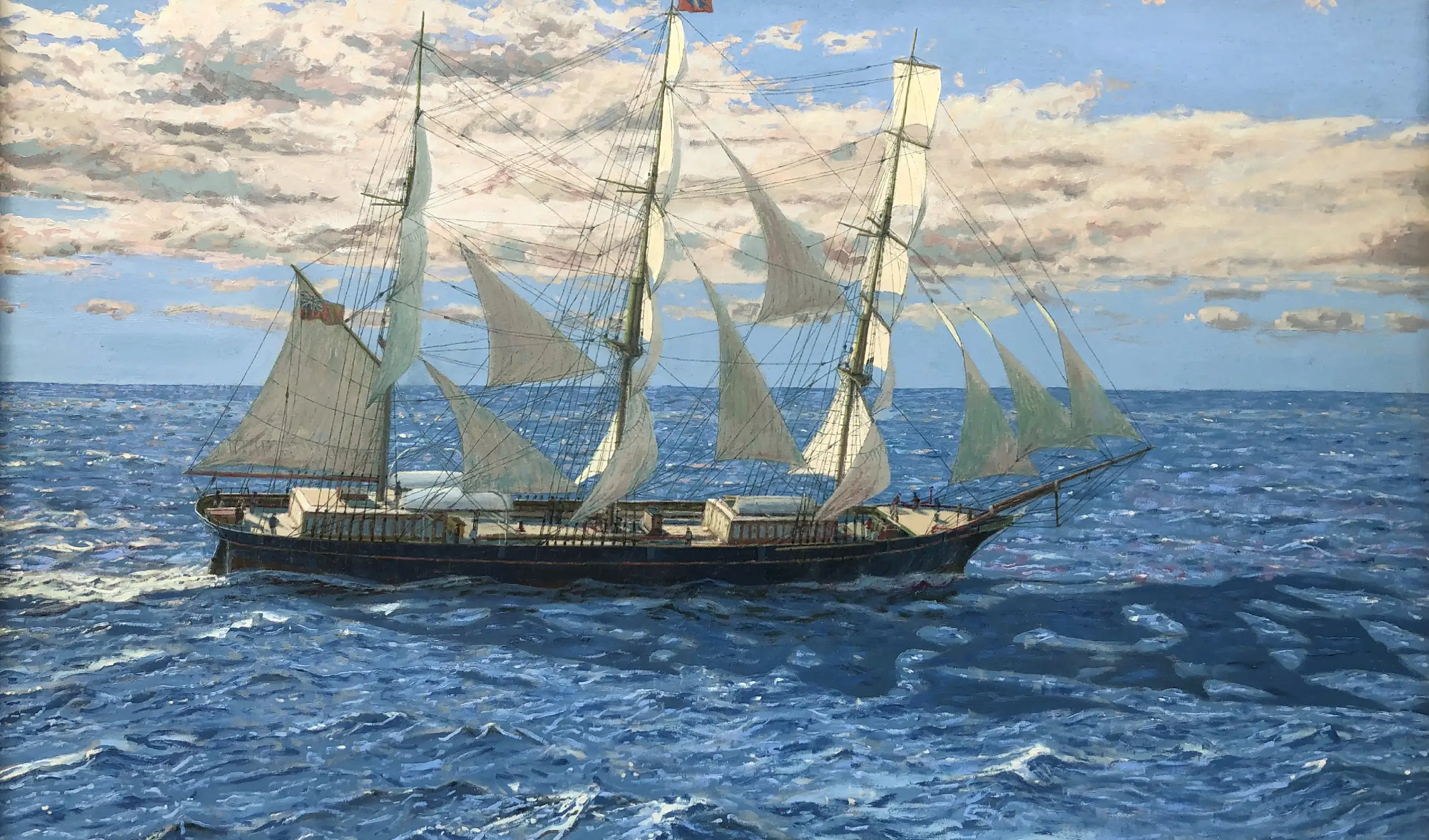 Oil painting by Gregory Smith showing the three-masted clipper ship Titania sailing on bright blue choppy seas, black hull cutting through the water under partially set white square sails, set against a bright sky with scattered clouds.