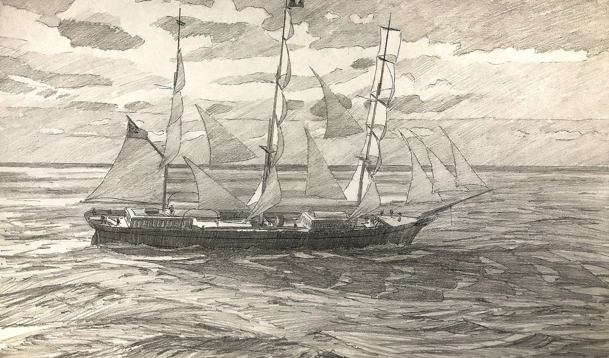 Compositional pencil sketch showing the three-masted clipper ship Titania sailing on choppy seas, black hull cutting through the water under partially set white square sails, set against a bright sky with scattered clouds created for client approval
