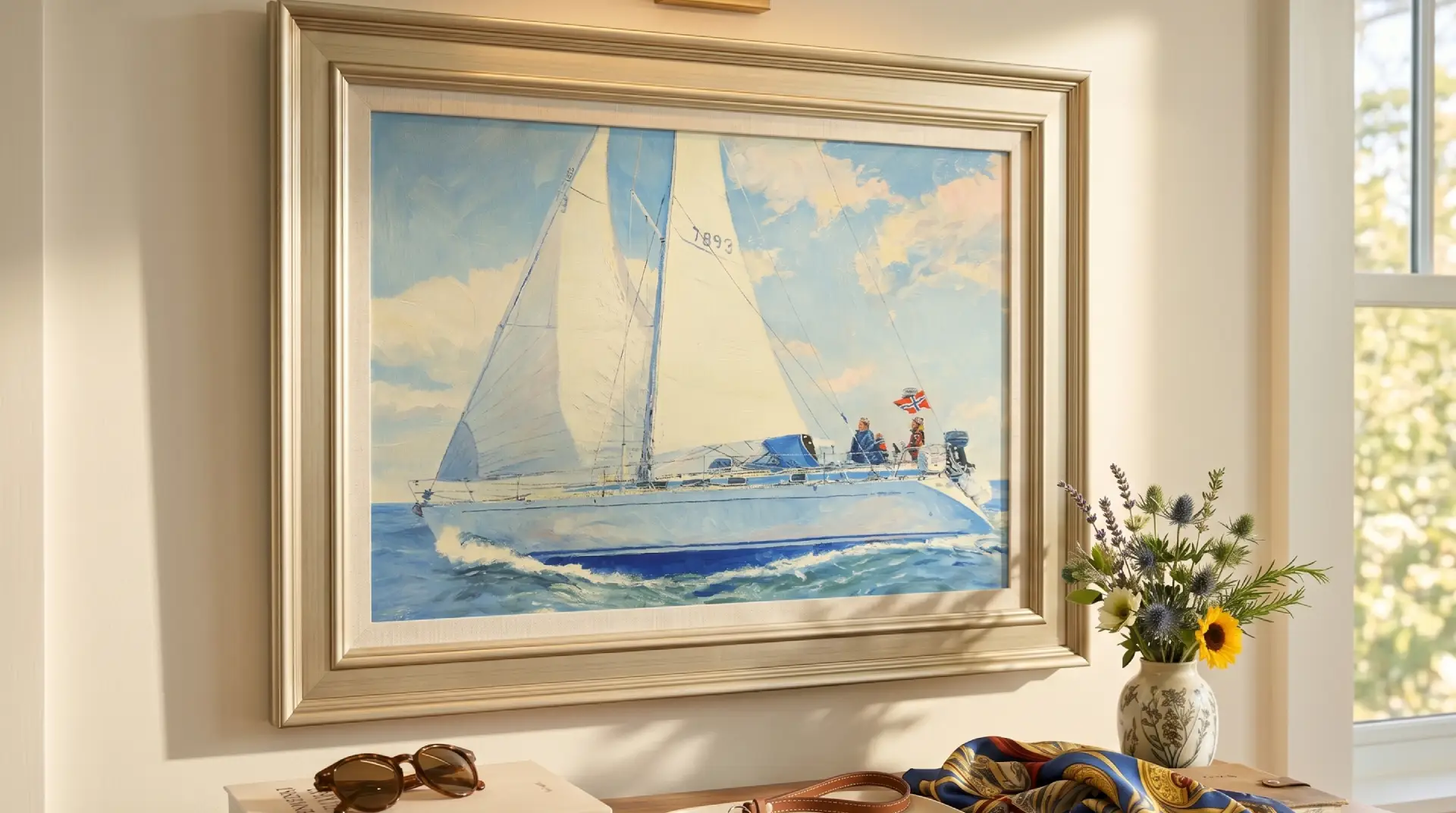 Framed oil painting of a Grand Soleil sailing yacht at sea, displayed in a home setting — commissioned yacht artwork by Gregory Smith