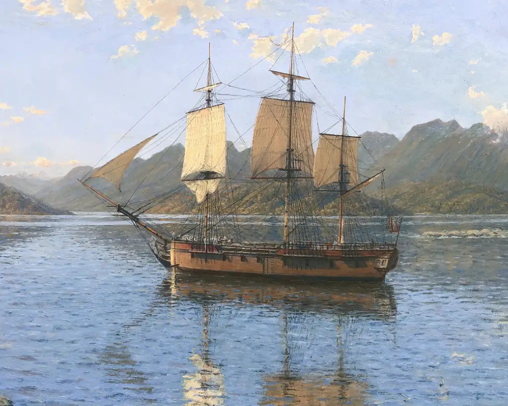 Completed oil painting of a commercial vessel, framed and ready for delivery