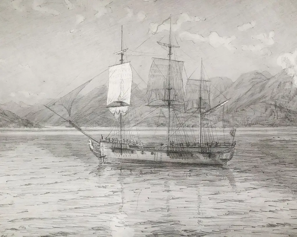 Pencil sketch of a commercial vessel — initial drawing stage of a ship painting commission