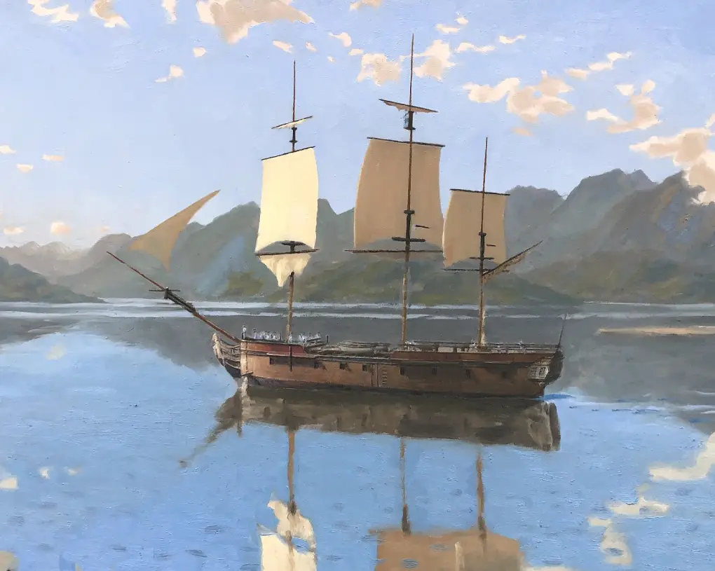 Oil painting in progress on an easel — commercial ship artwork being developed in the studio