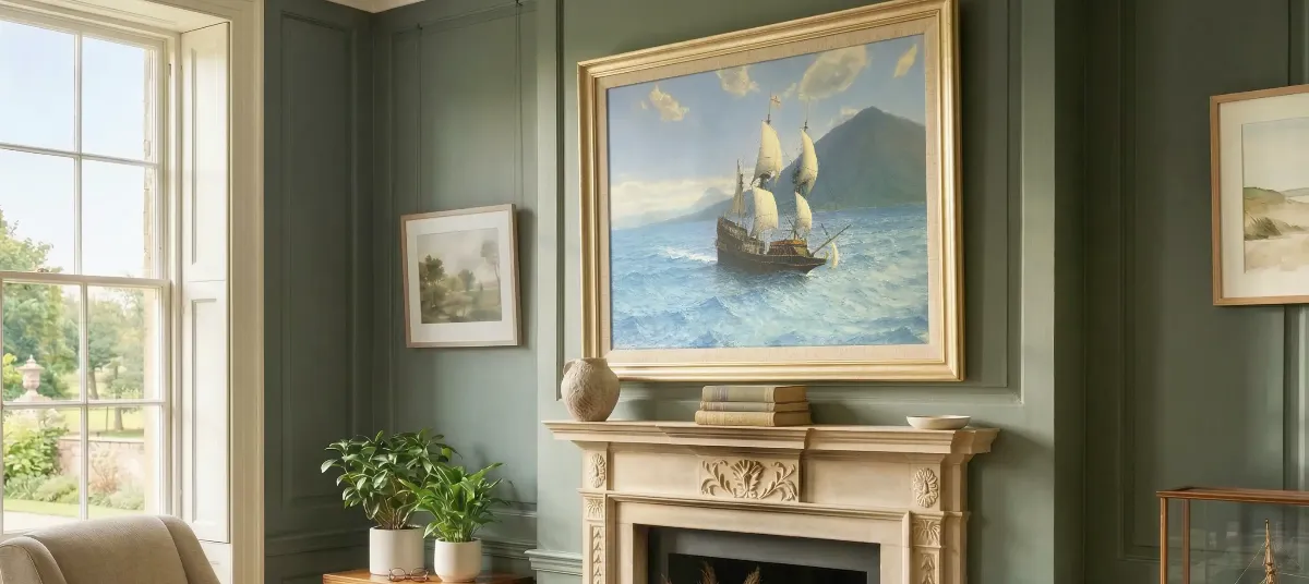 A framed oil painting hanging above a stone fireplace in a room with olive green paneled walls. The painting depicts a historical multi-masted sailing ship navigating choppy, textured blue waters, with green coastal mountains and a cloudy blue sky in the background.