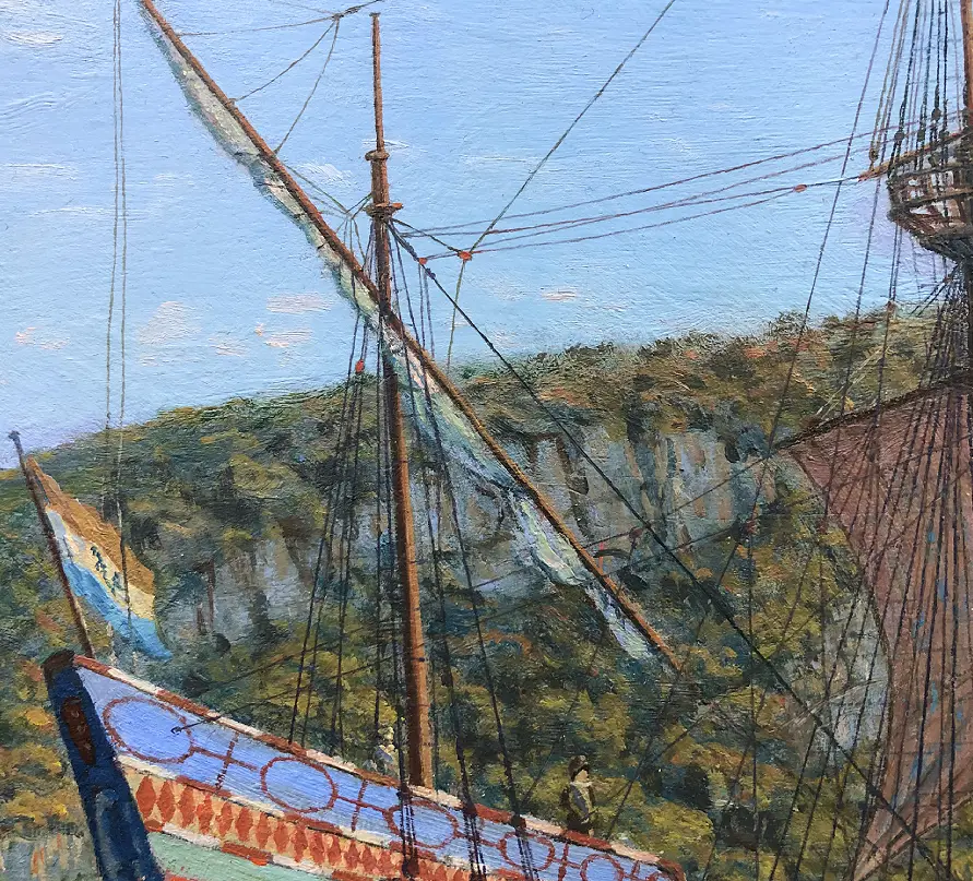 Close-up detail of an oil painting showing brushwork and surface texture on a commercial ship hull