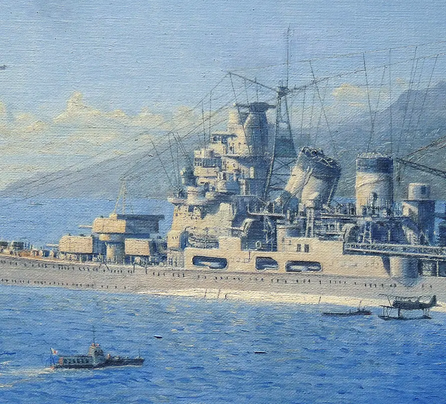 Close-up detail of oil painting surface quality showing fine maritime detail and impasto brushstrokes